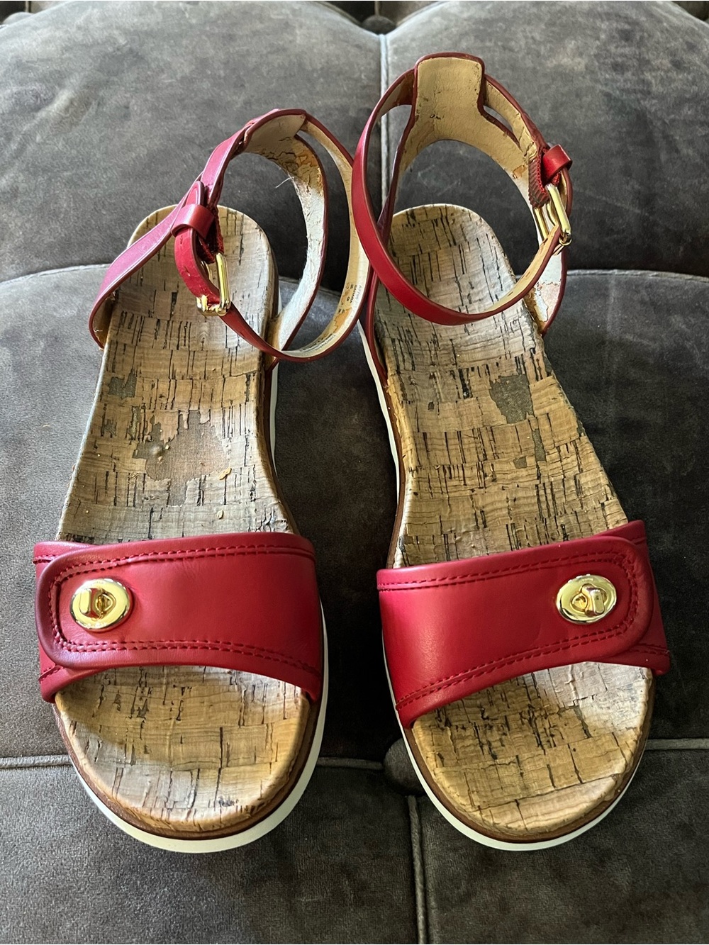 Coach Red Leather Ankle-Strap Sandals with Gold Accents